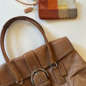 Coach Tan Leather Handbag with Patchwork Wristlet